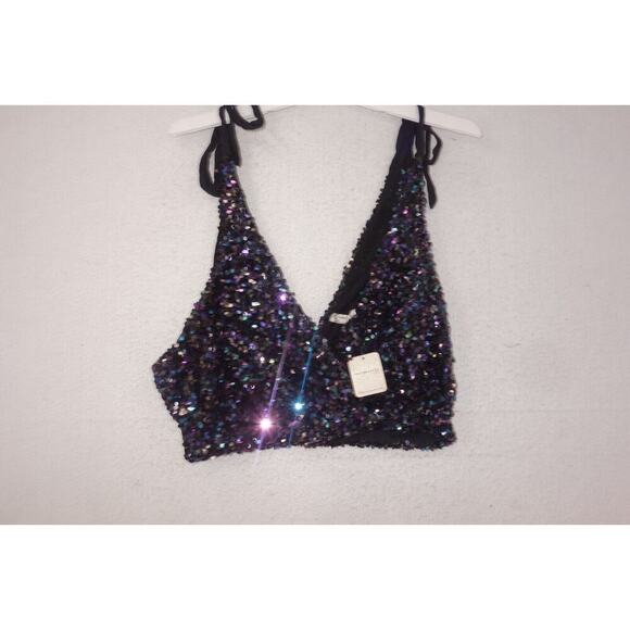 NEW Free People Intimately Big Night Sequin Crop Top BLACK Women's LARGE - Picture 3 of 6